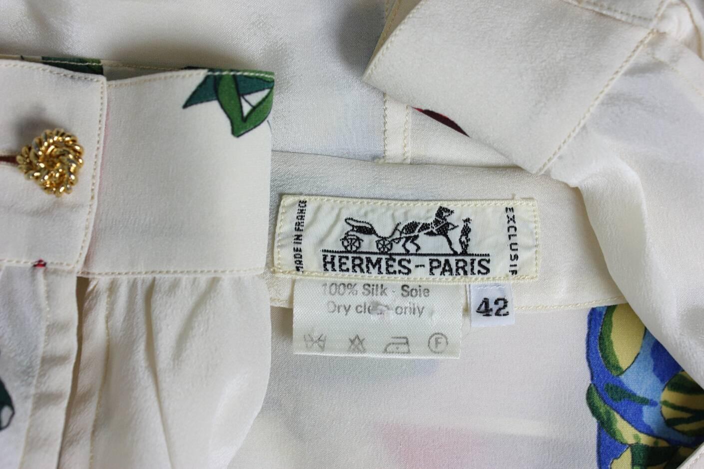 Vintage Hermes Silk Blouse with Jockey Cap Print For Sale 3