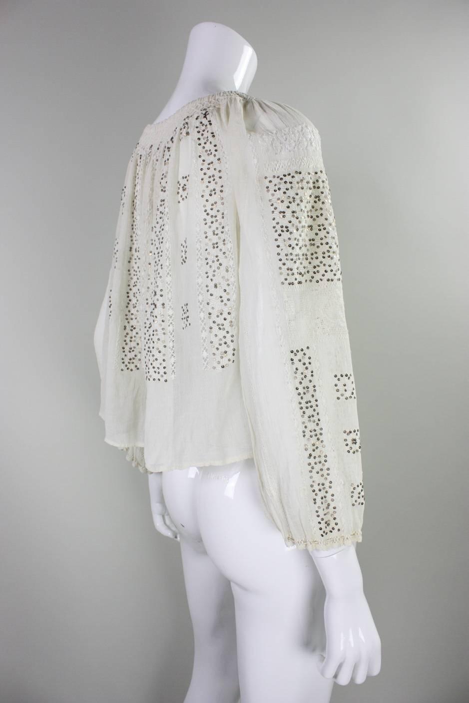 Gray 1930's Eastern European Gauze Peasant Blouse For Sale