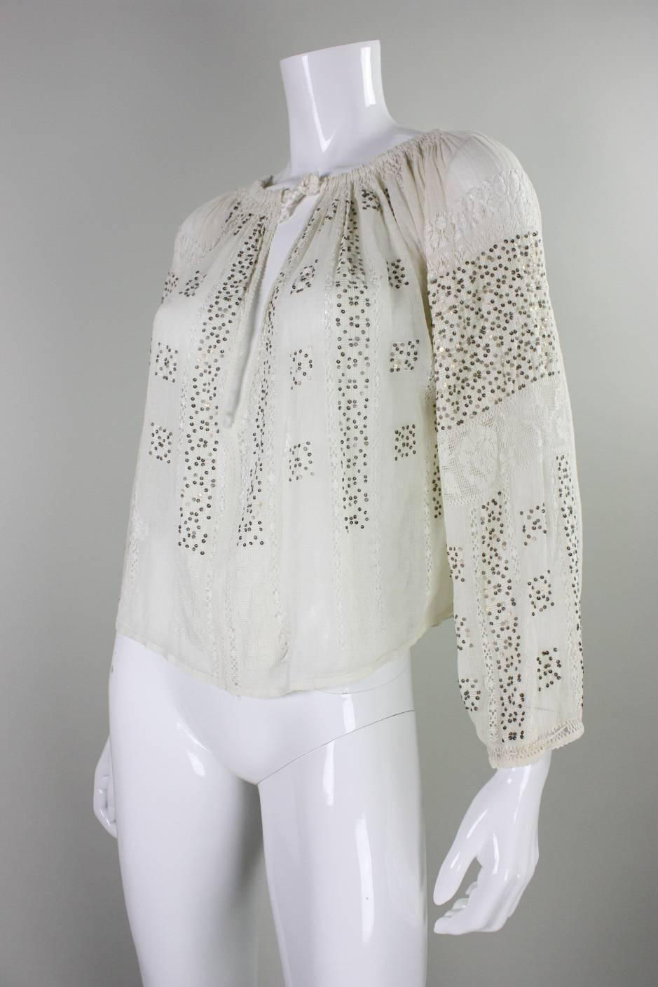 Women's 1930's Eastern European Gauze Peasant Blouse For Sale