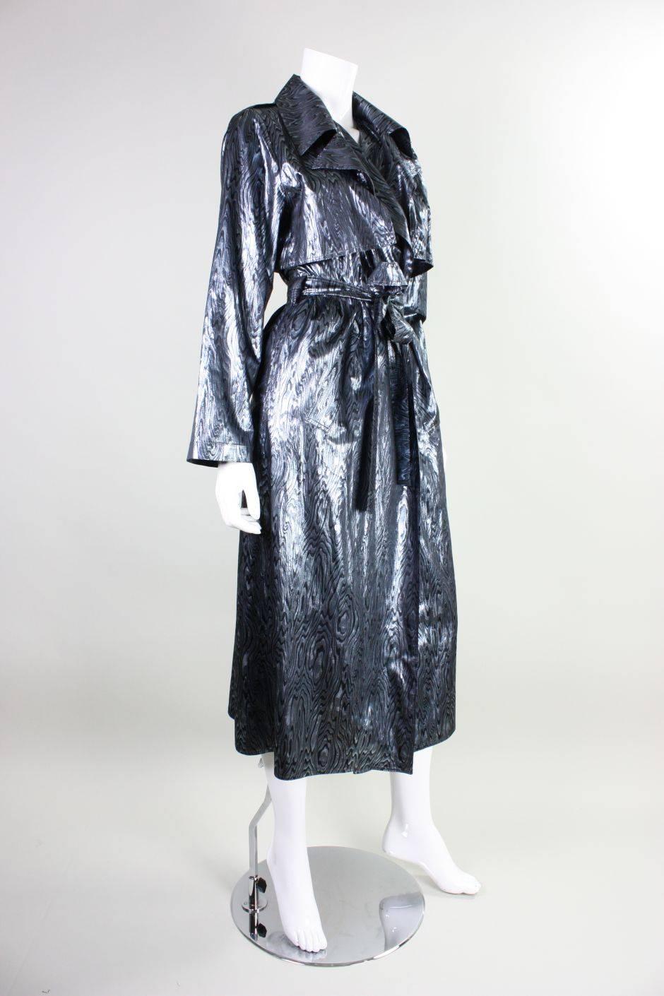 Black 1990's Vicky Tiel Woodgrain Silver Lame Trench Coat