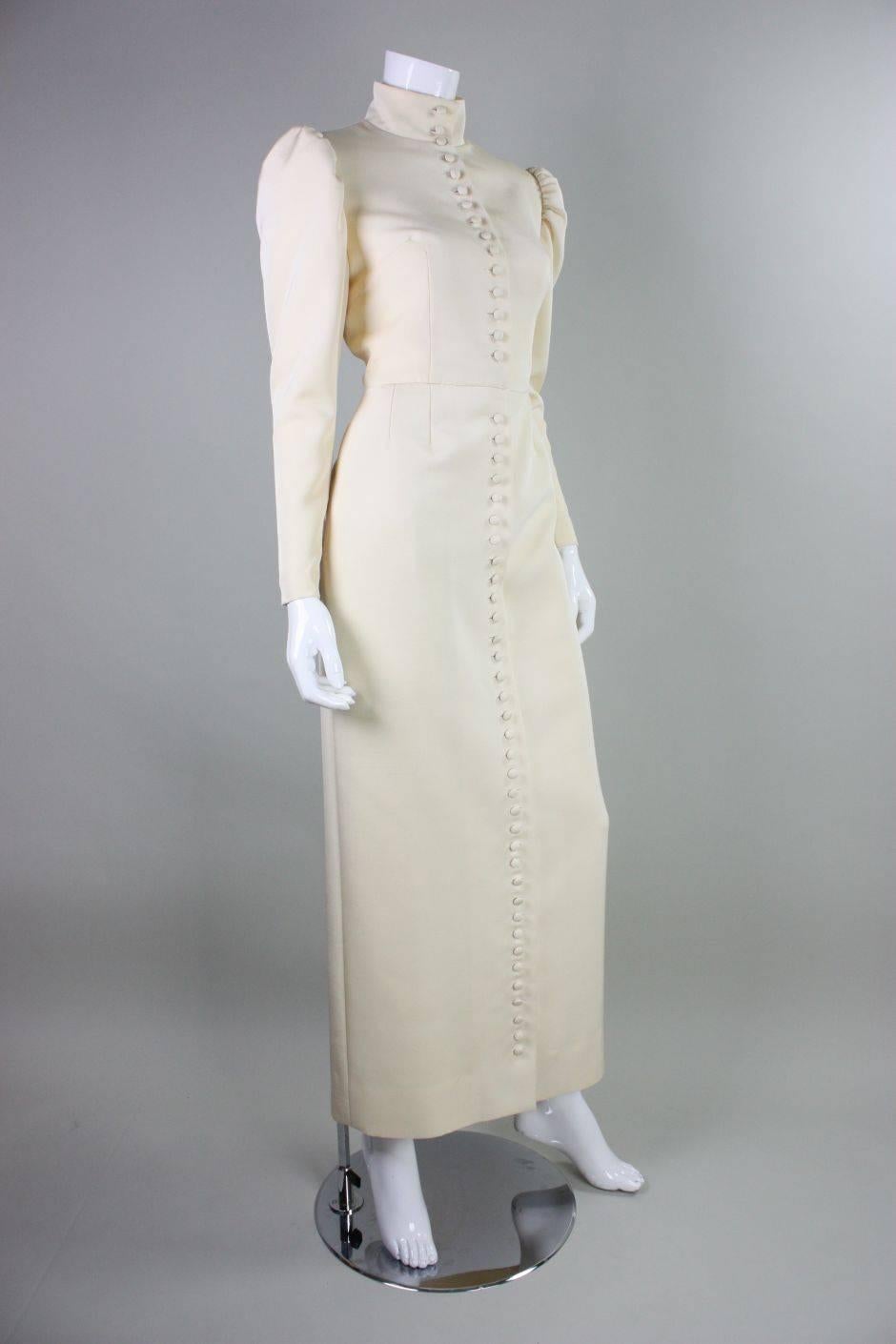 Gray 1970's Lanvin Gown with Button Front & Exaggerated Sleeves For Sale