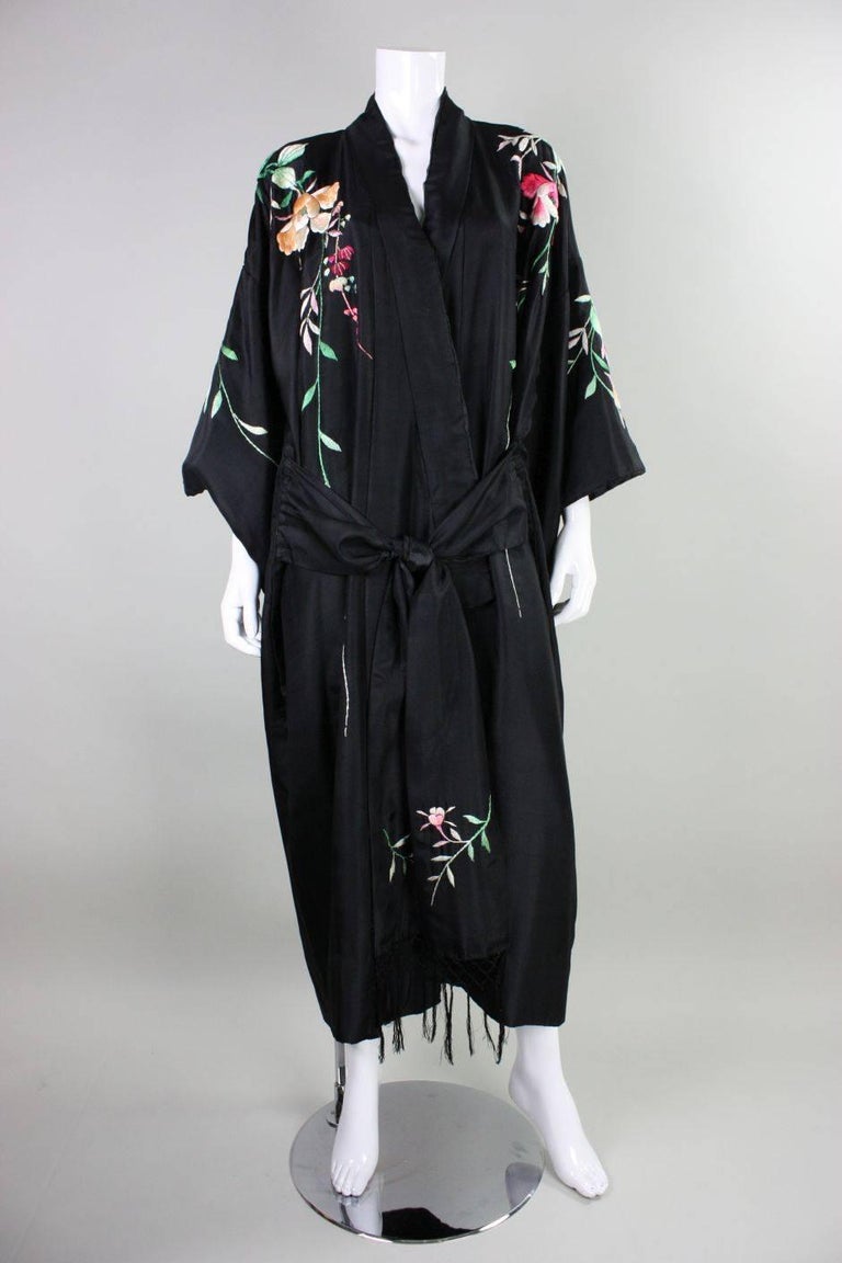 Vintage Embroidery & Applique Black Kimono Robe