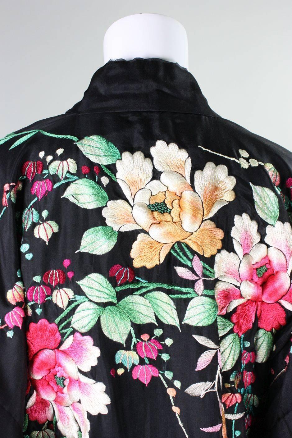 Women's or Men's 1920's Kimono Robe Black Silk with Embroidery