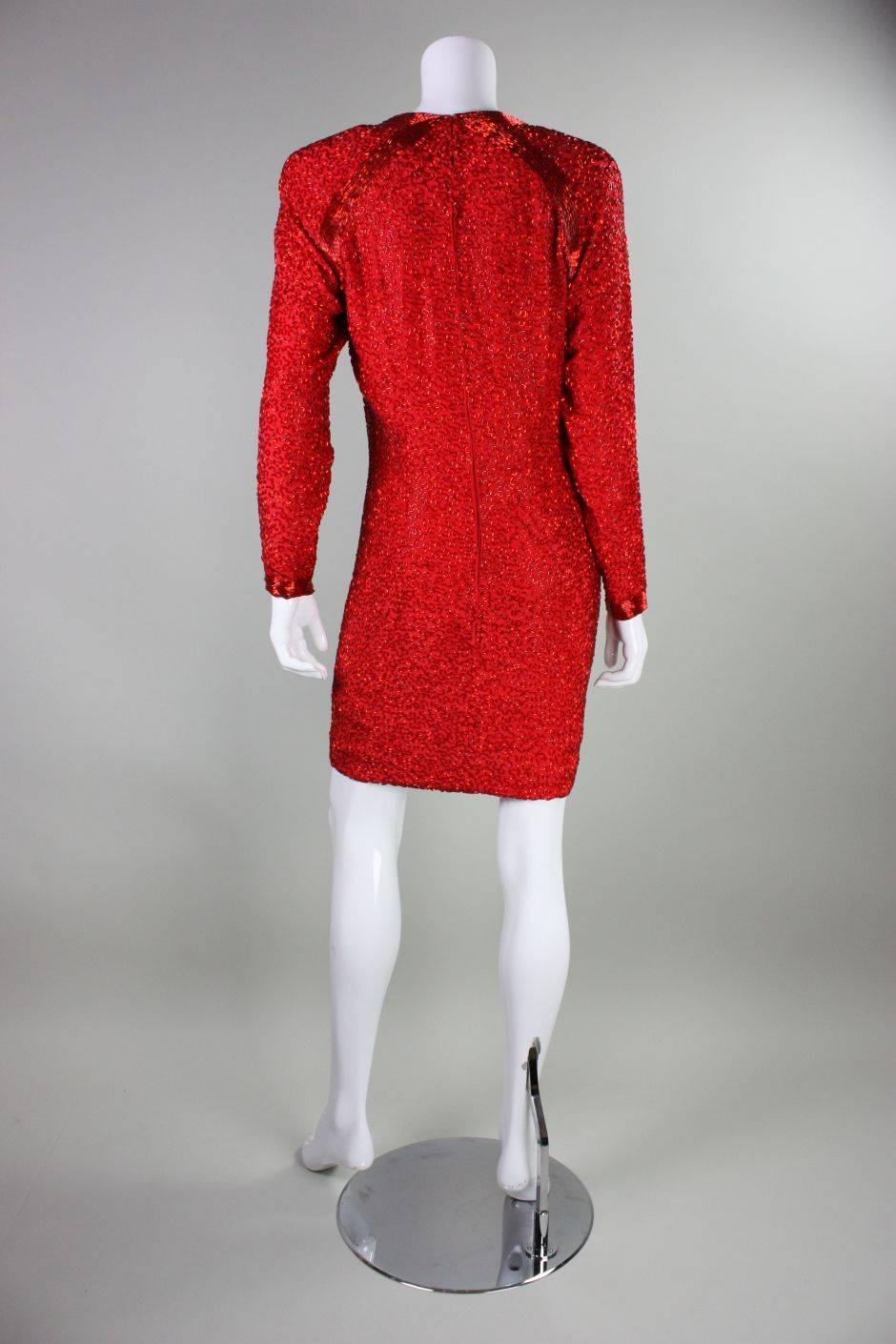 Women's 1980's Stephen Yurich Red Beaded Cocktail Dress For Sale