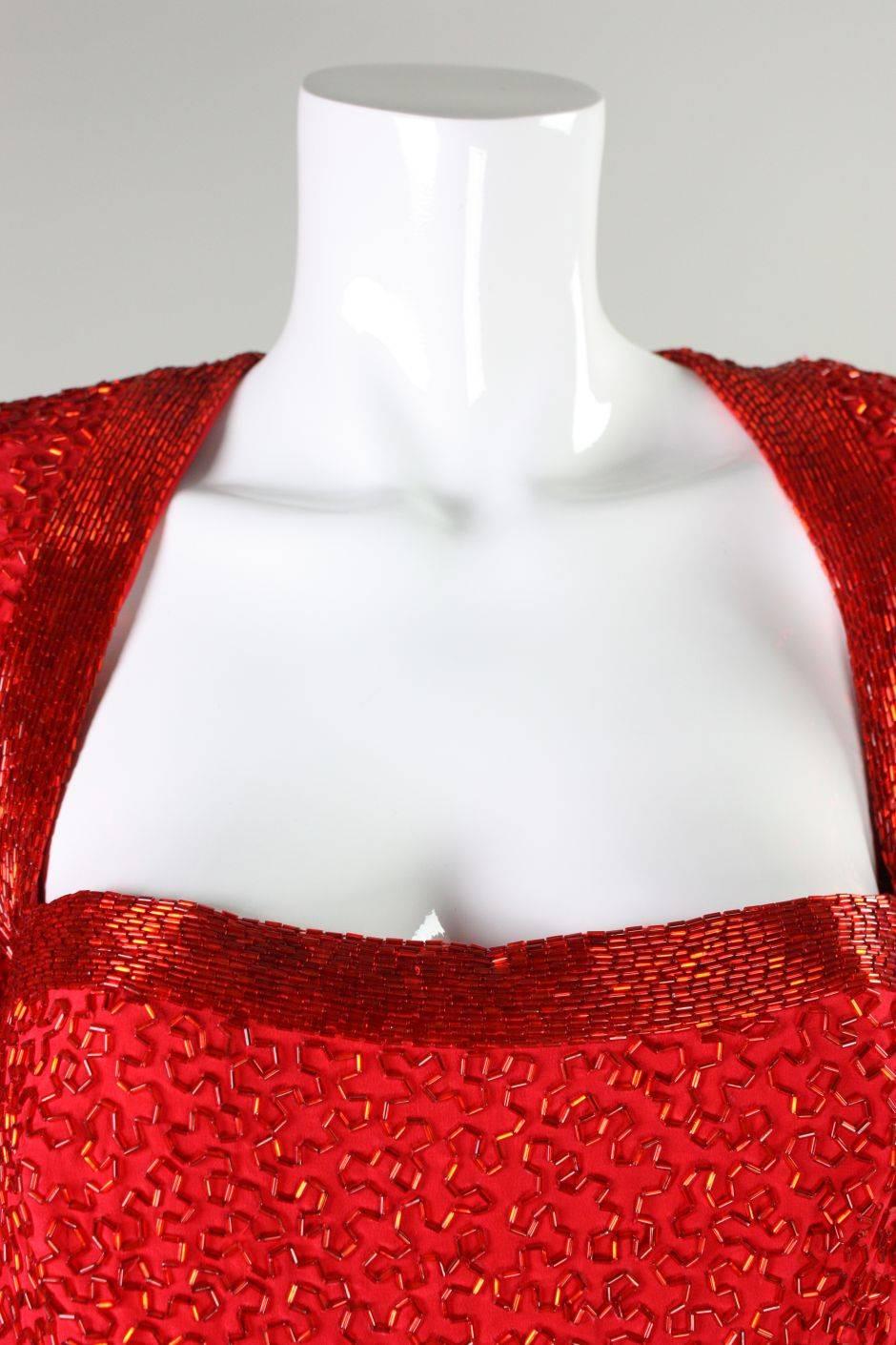 1980's Stephen Yurich Red Beaded Cocktail Dress For Sale 1