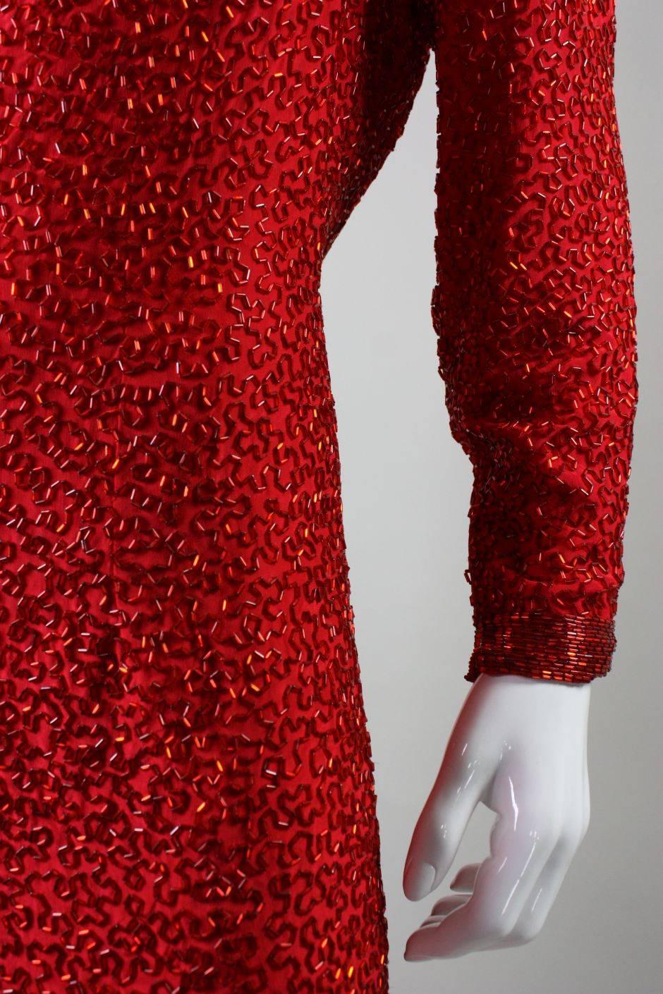 1980's Stephen Yurich Red Beaded Cocktail Dress For Sale 2