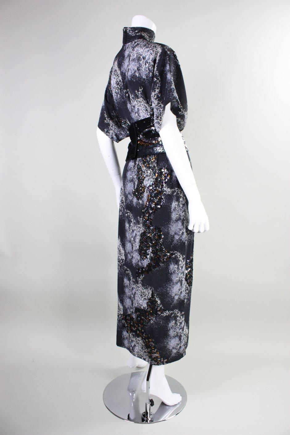 1980's Hiroko Koshnino Silk Gown with Storm Print & Sequins In Excellent Condition In Los Angeles, CA