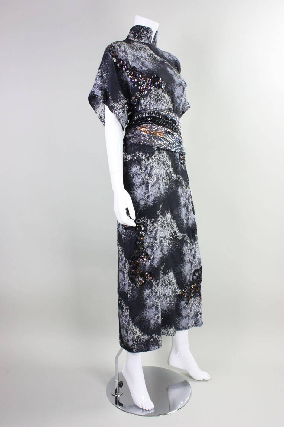 Black 1980's Hiroko Koshnino Silk Gown with Storm Print & Sequins