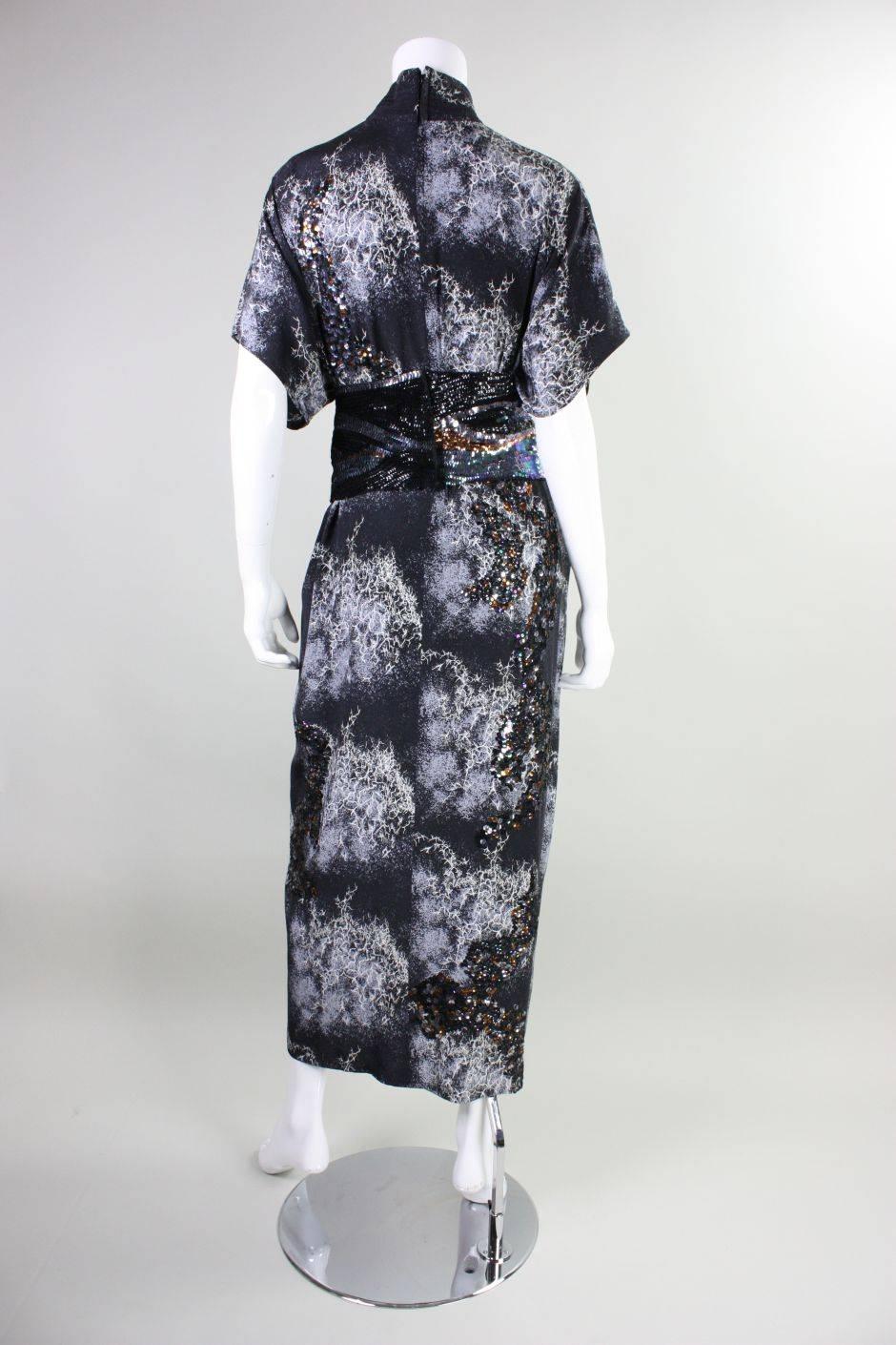 Women's 1980's Hiroko Koshnino Silk Gown with Storm Print & Sequins