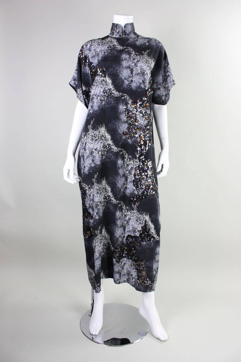 1980's Hiroko Koshnino Silk Gown with Storm Print & Sequins 1