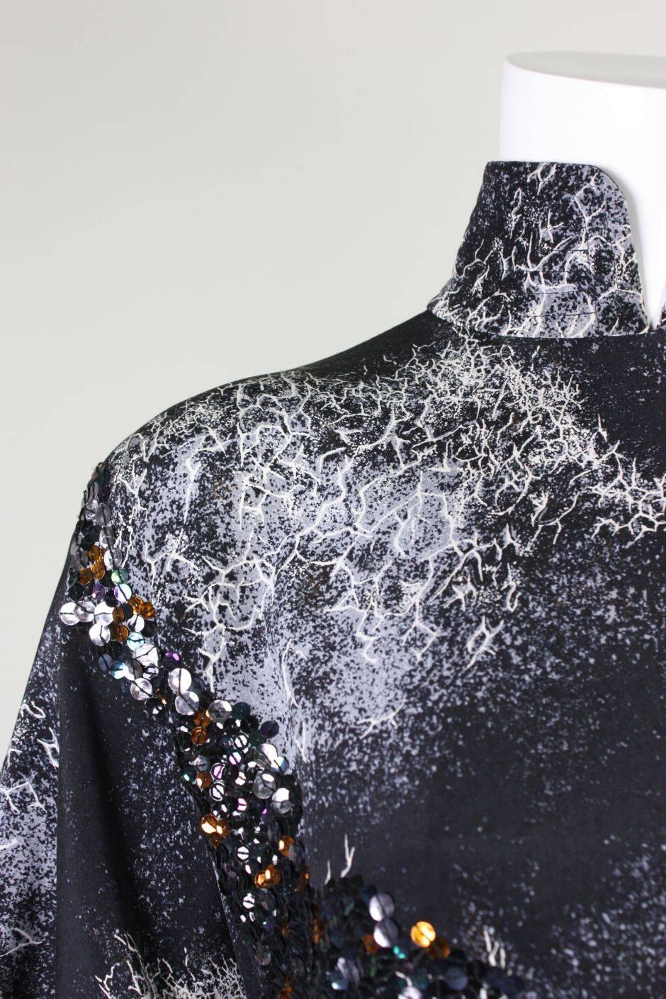 1980's Hiroko Koshnino Silk Gown with Storm Print & Sequins 3