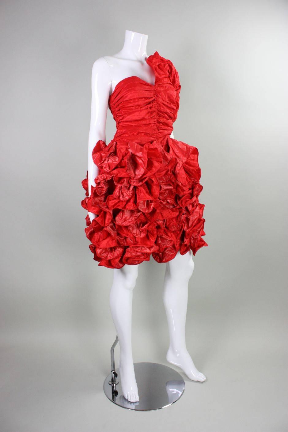 1980's Christian Dior Red Taffeta Ruffled Dress In Excellent Condition In Los Angeles, CA