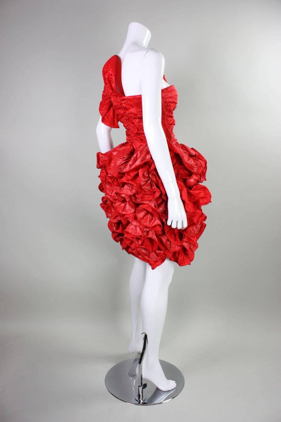 Women's 1980's Christian Dior Red Taffeta Ruffled Dress