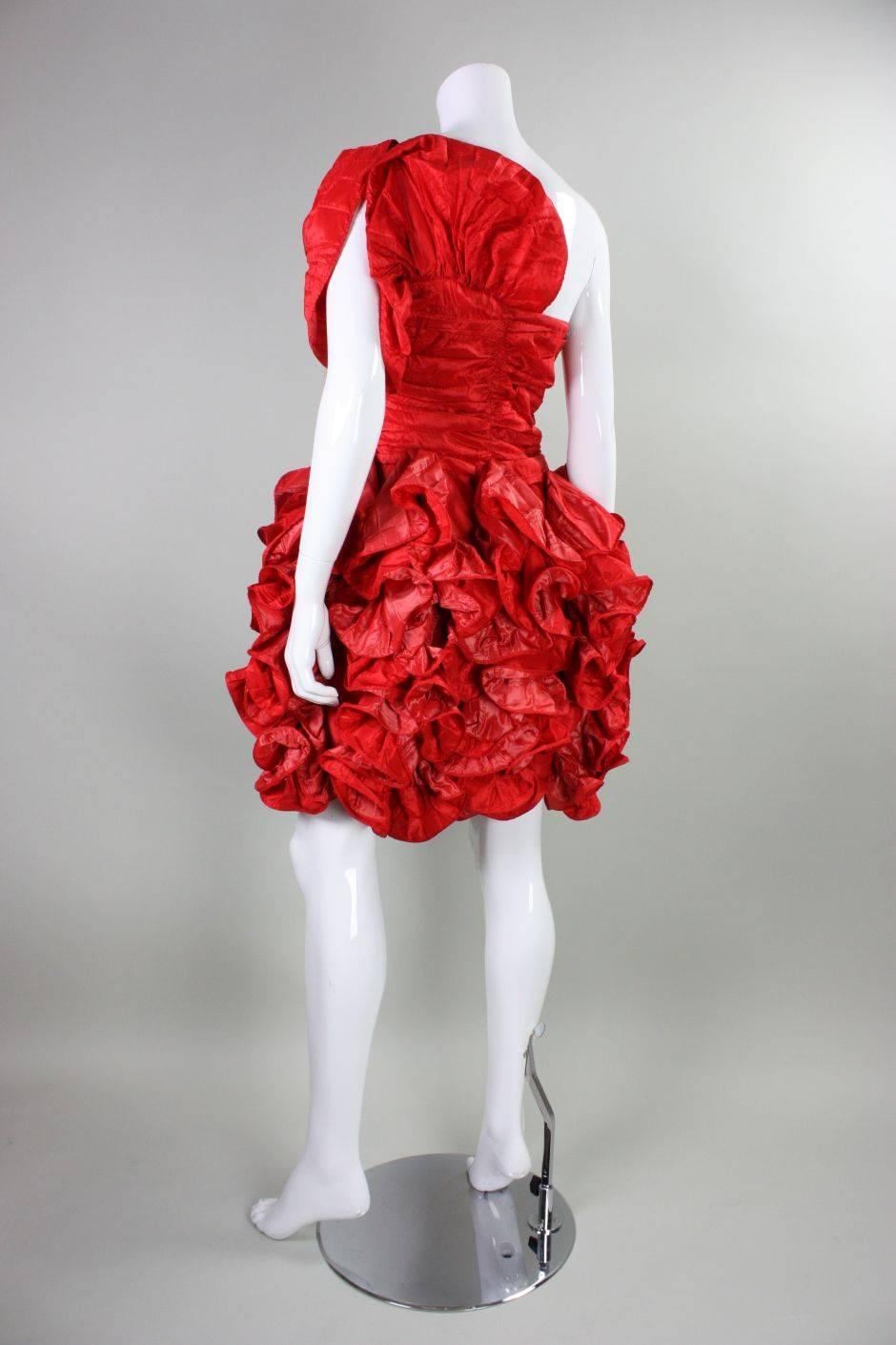 1980's Christian Dior Red Taffeta Ruffled Dress 2