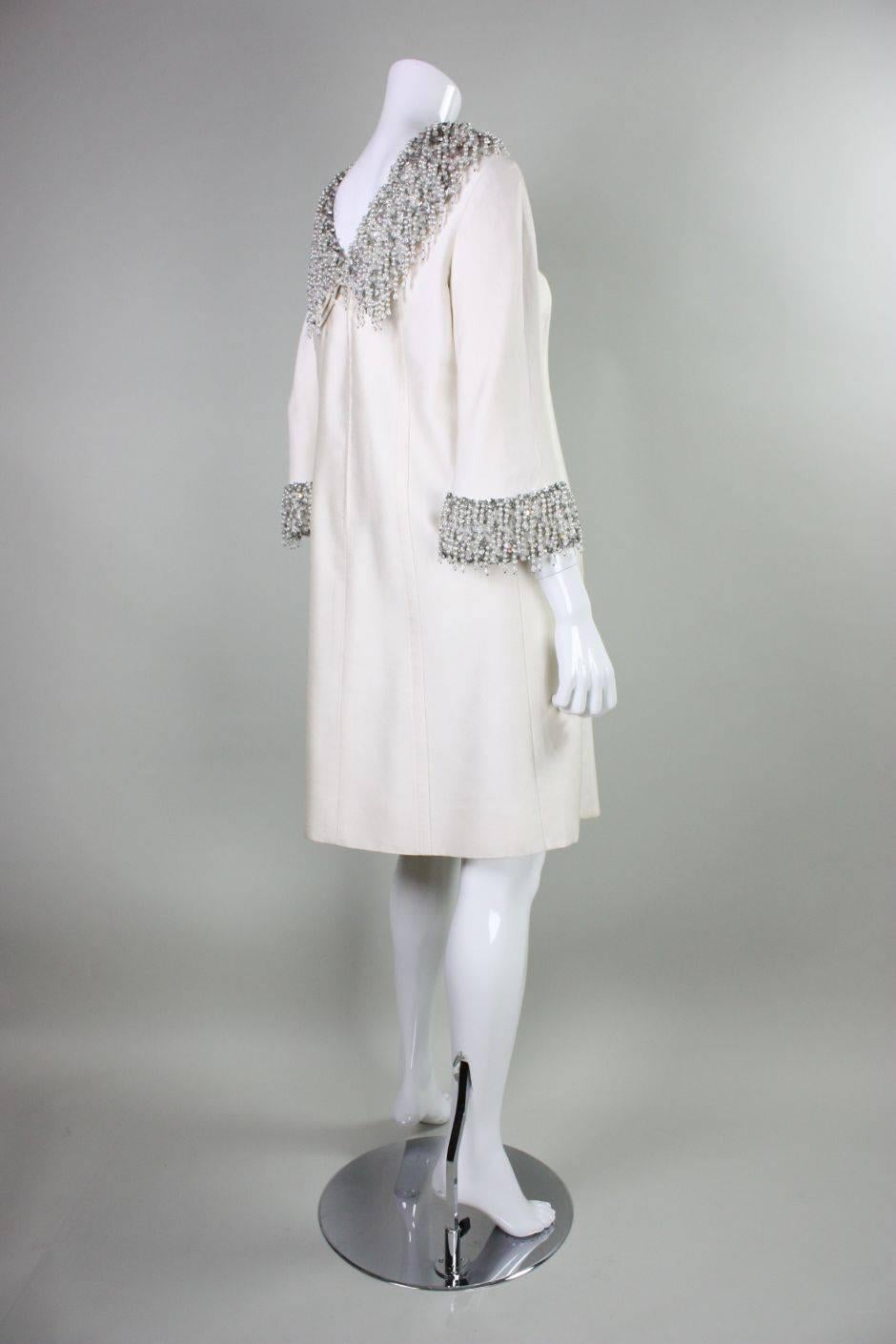 1960's Cream Cocktail Dress with Heavily Beaded Fringed Trim In Excellent Condition For Sale In Los Angeles, CA