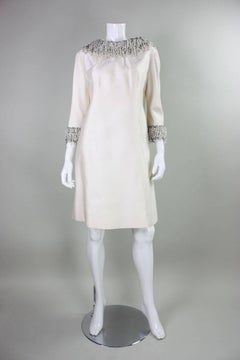 1960's Cream Cocktail Dress with Heavily Beaded Fringed Trim