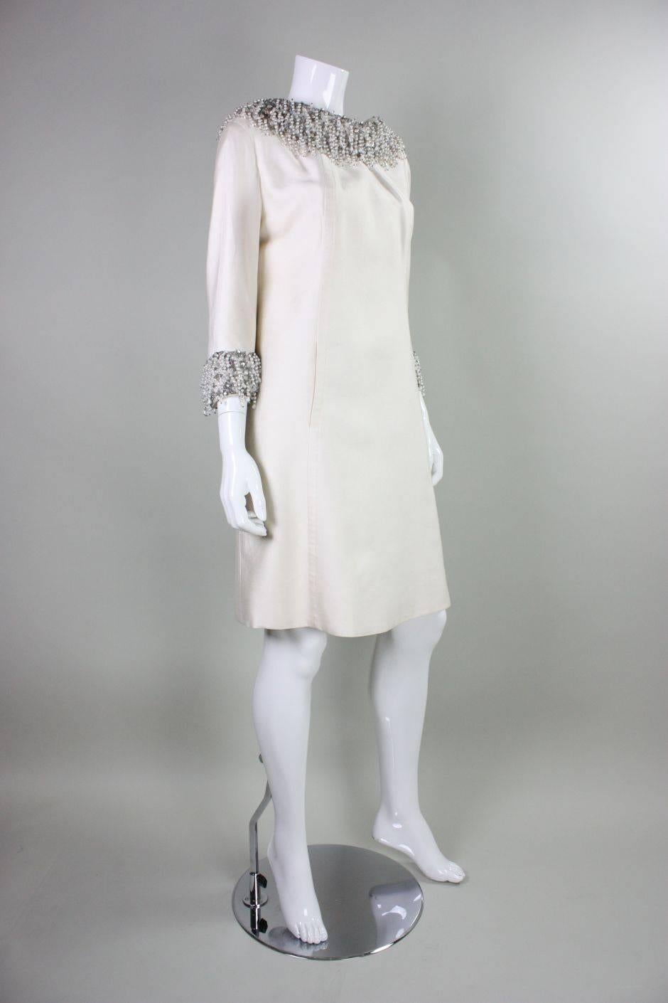 Gray 1960's Cream Cocktail Dress with Heavily Beaded Fringed Trim For Sale