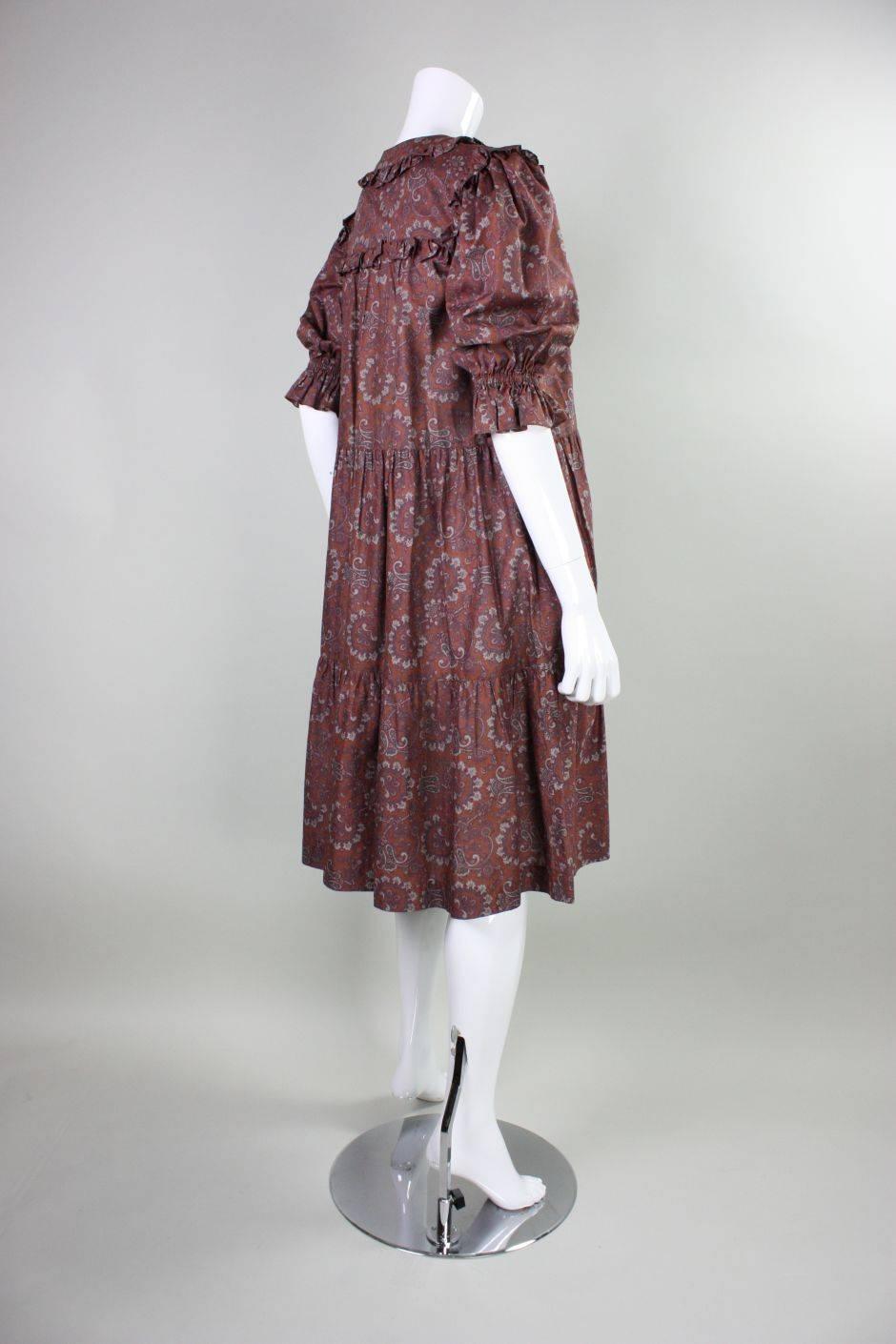 Brown 1980's Yves Saint Laurent Cotton Paisley Peasant Dress For Sale