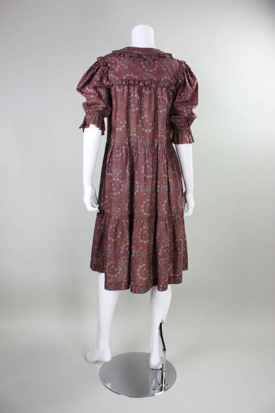 1980's Yves Saint Laurent Cotton Paisley Peasant Dress In Excellent Condition For Sale In Los Angeles, CA