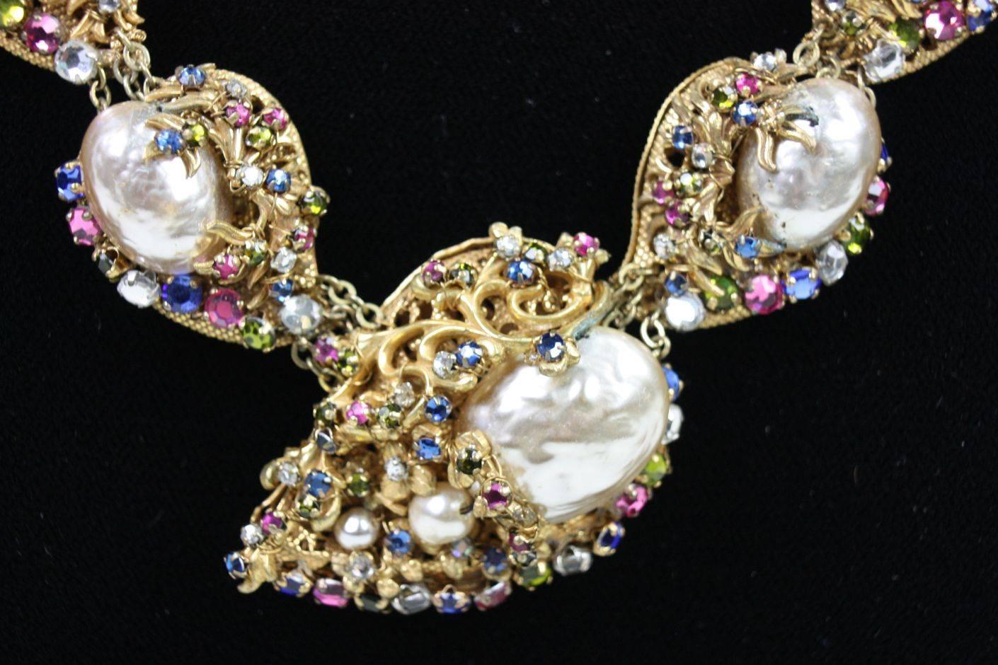 Miriam Haskell Baroque Pearl & Rhinestone Necklace In Excellent Condition For Sale In Los Angeles, CA