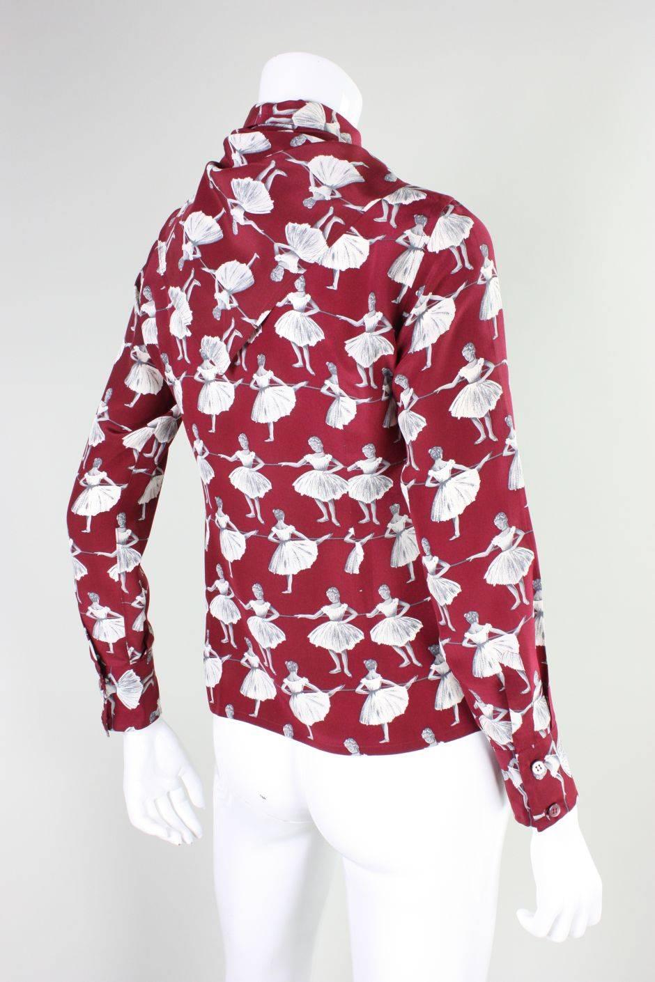 Brown 1970's Valentino Silk Blouse with Ballerina Print For Sale