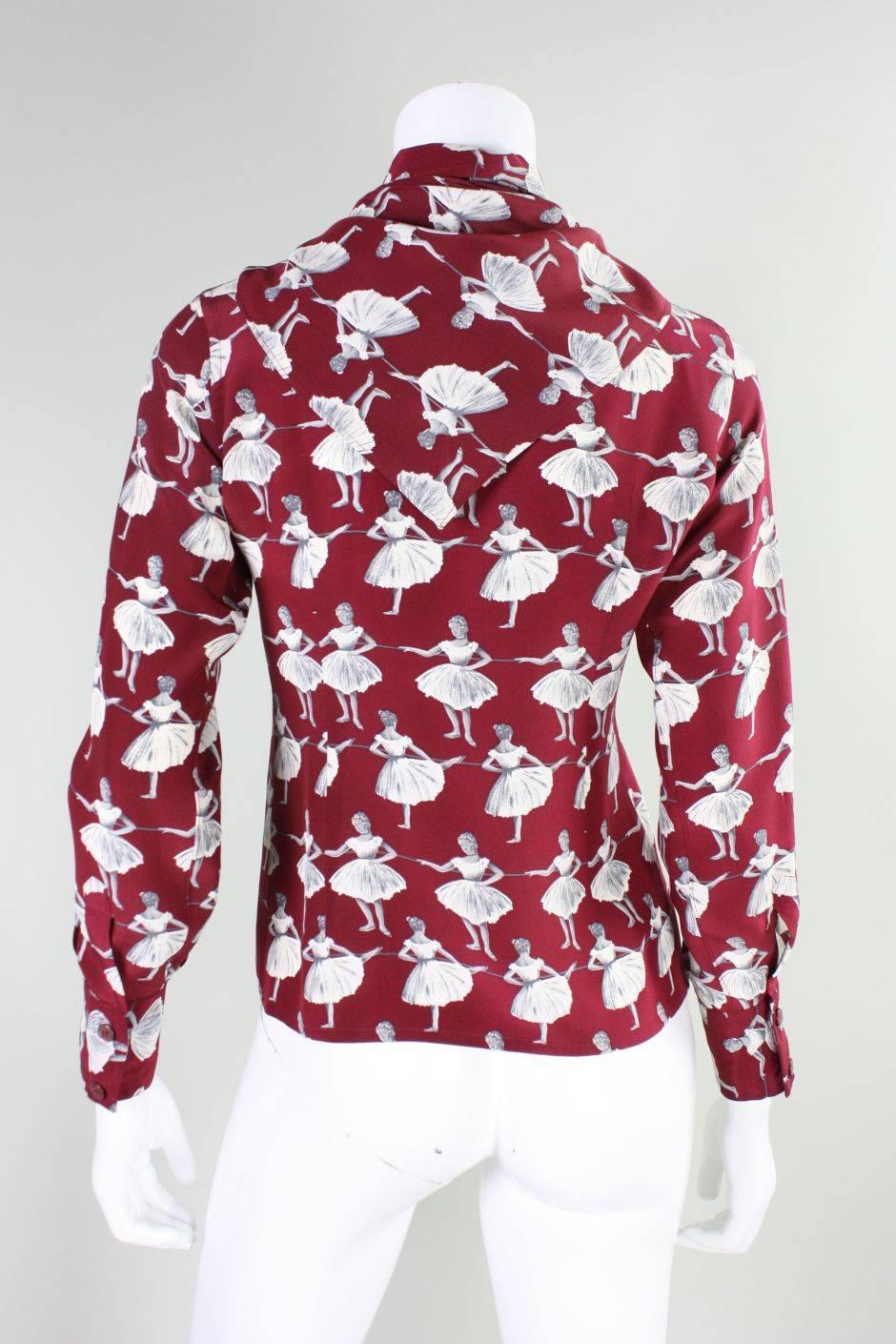 1970's Valentino Silk Blouse with Ballerina Print In Excellent Condition For Sale In Los Angeles, CA