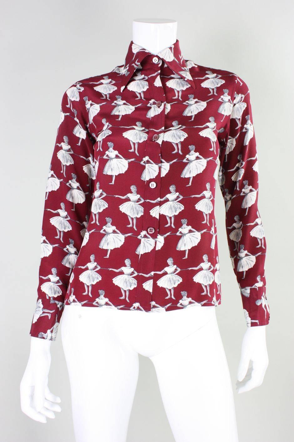 Women's 1970's Valentino Silk Blouse with Ballerina Print For Sale