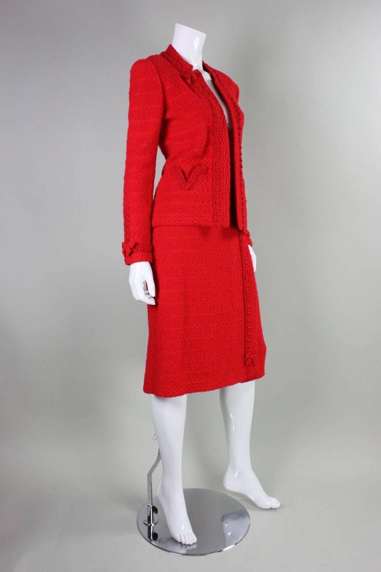 1980's Adolfo Red Boucle Suit with Silk Detailing In Excellent Condition For Sale In Los Angeles, CA