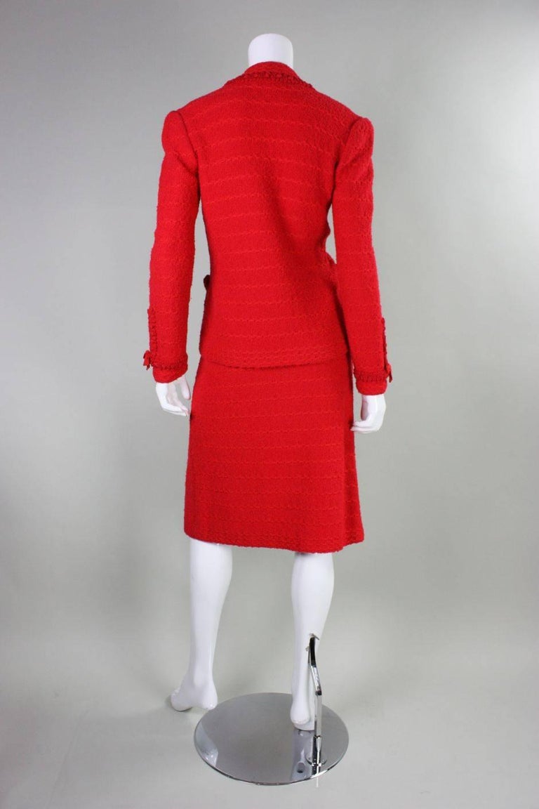 1980's Adolfo Red Boucle Suit with Silk Detailing For Sale 1