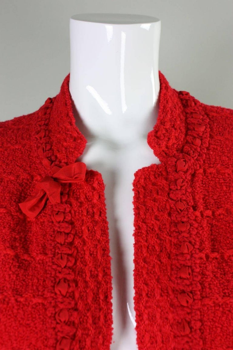 1980's Adolfo Red Boucle Suit with Silk Detailing For Sale 2