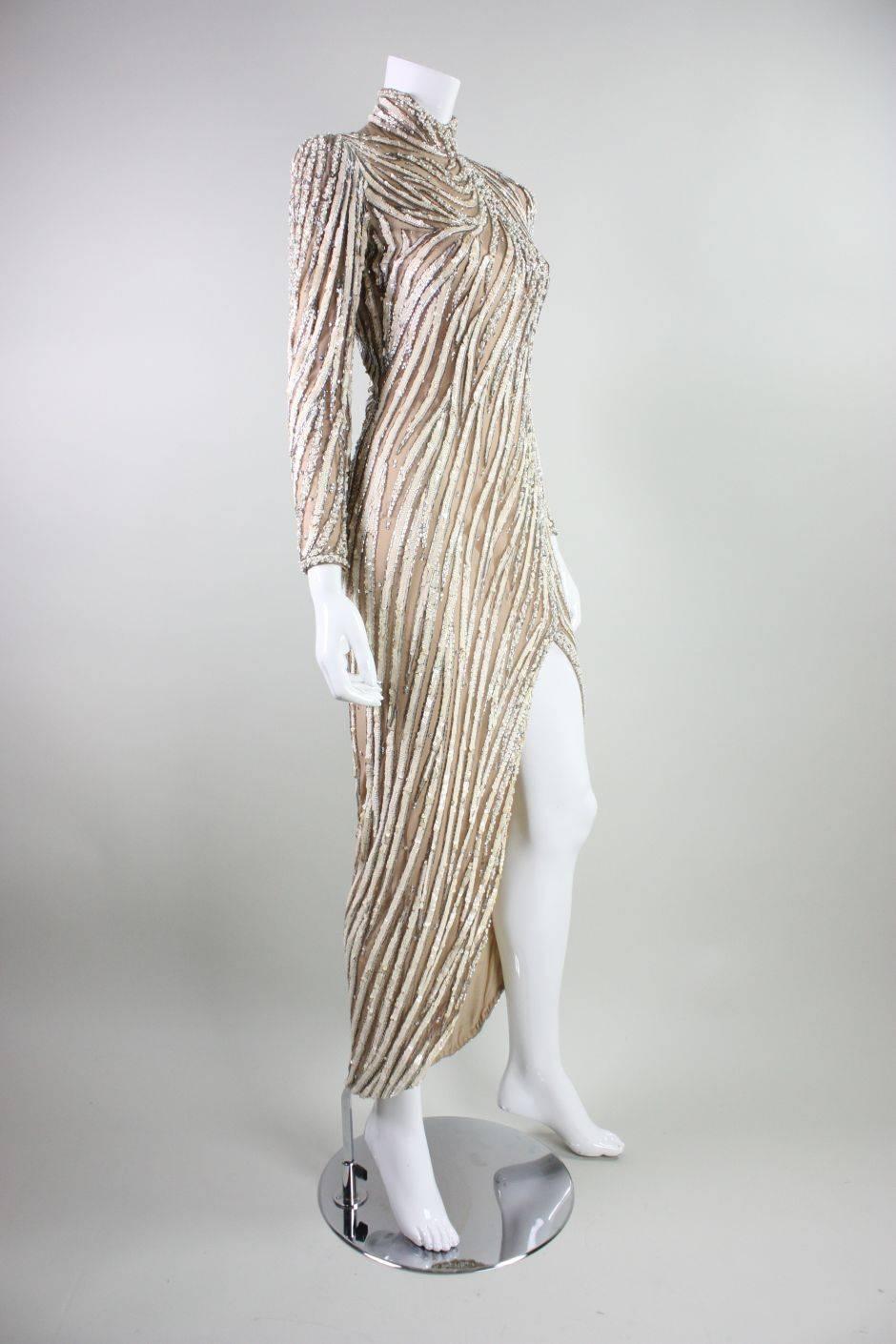 Gray 1980's Bob Mackie Beaded & Sequined Gown For Sale