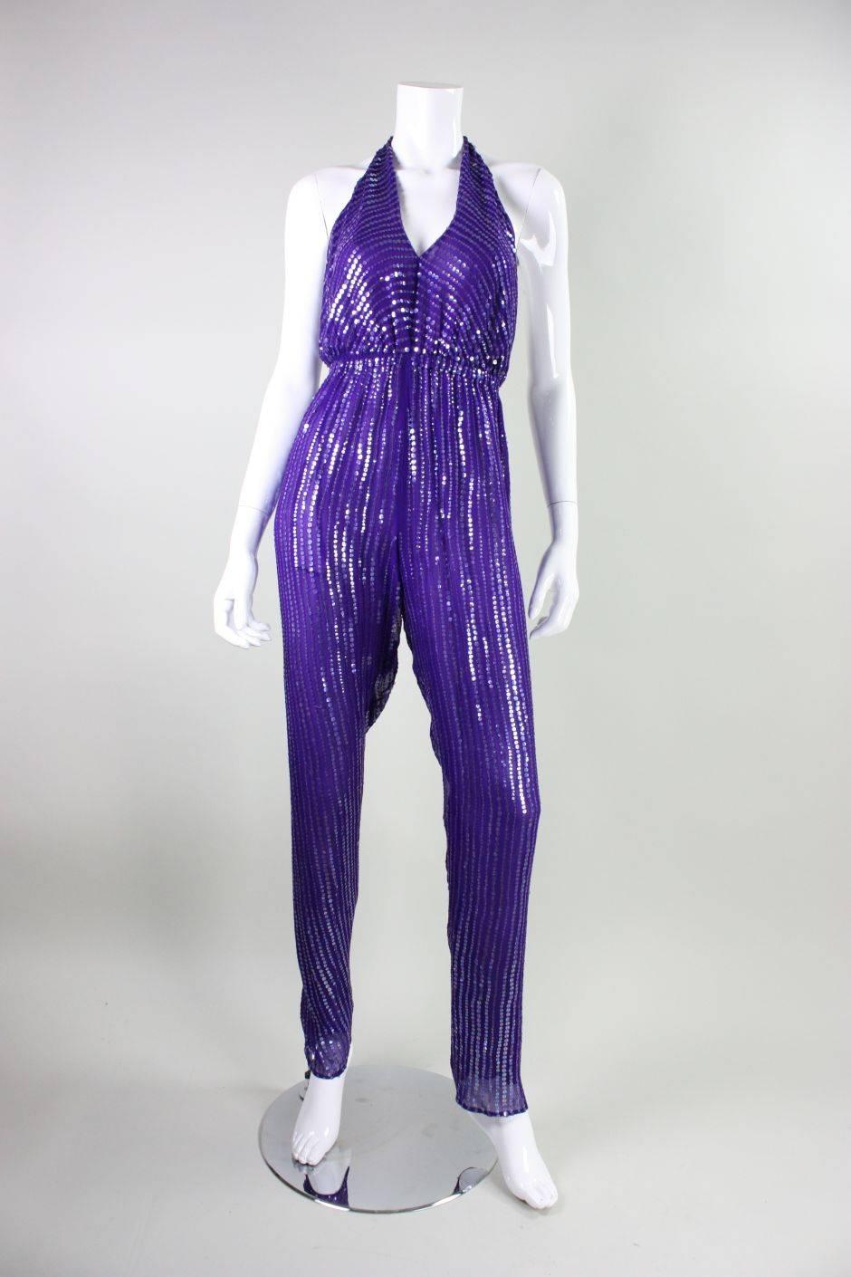 1970's Halston Sequined Purple Silk Chiffon Jumpsuit & Jacket For Sale 1
