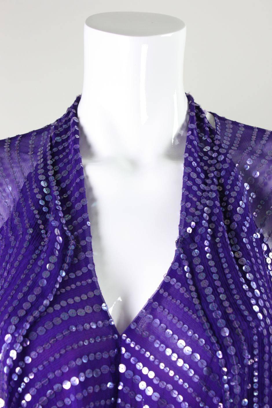 1970's Halston Sequined Purple Silk Chiffon Jumpsuit & Jacket In Good Condition For Sale In Los Angeles, CA