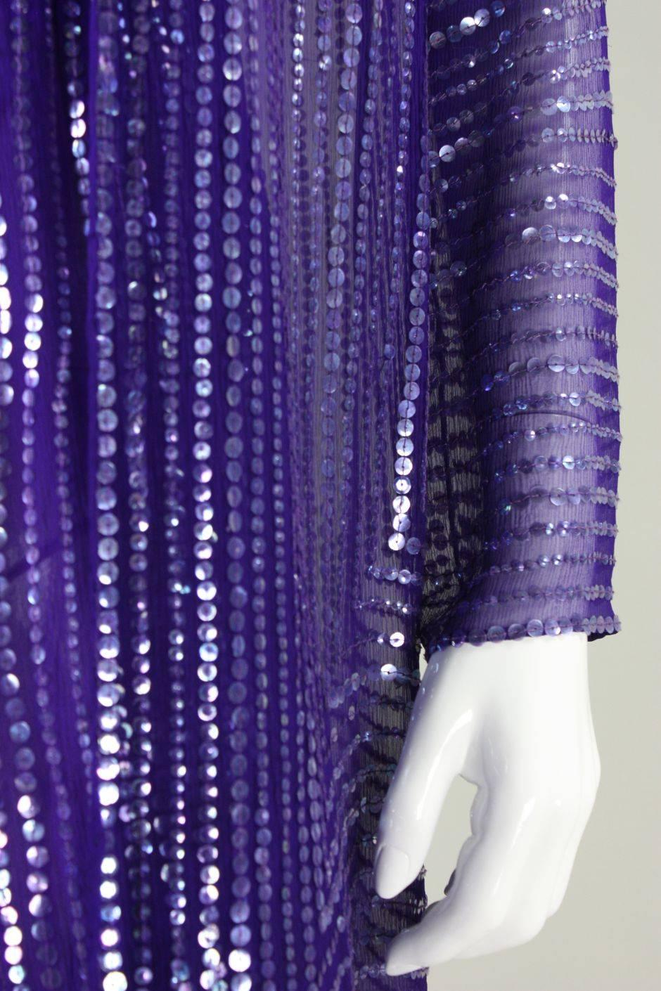 Women's 1970's Halston Sequined Purple Silk Chiffon Jumpsuit & Jacket For Sale