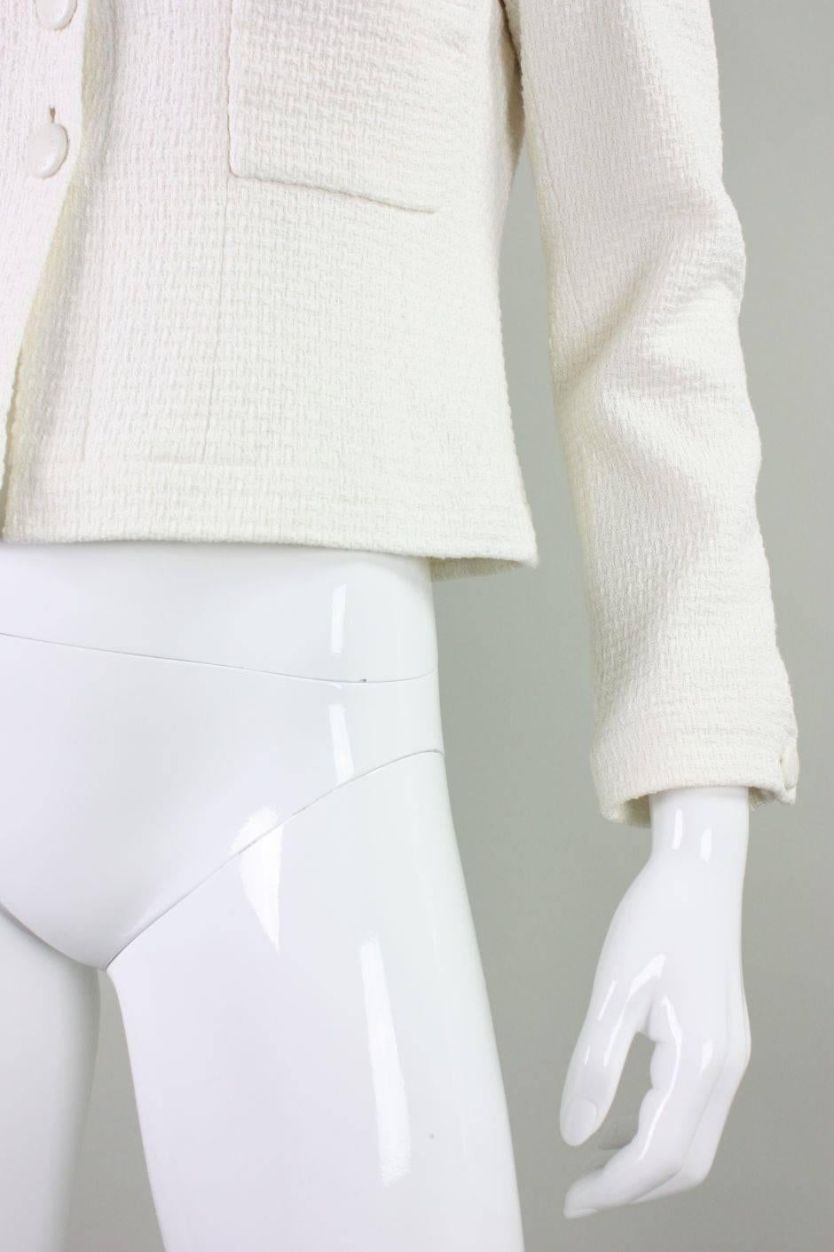1990's Chanel Cropped White Textured Jacket For Sale 2