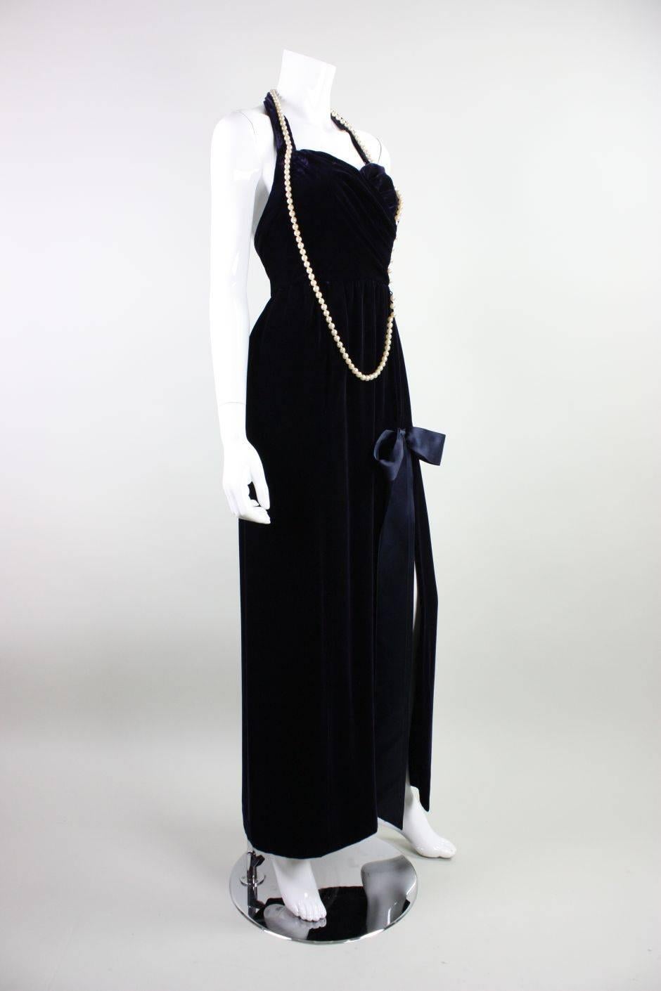 Black 1990's Chanel Velvet Gown with Pearl Detailing For Sale