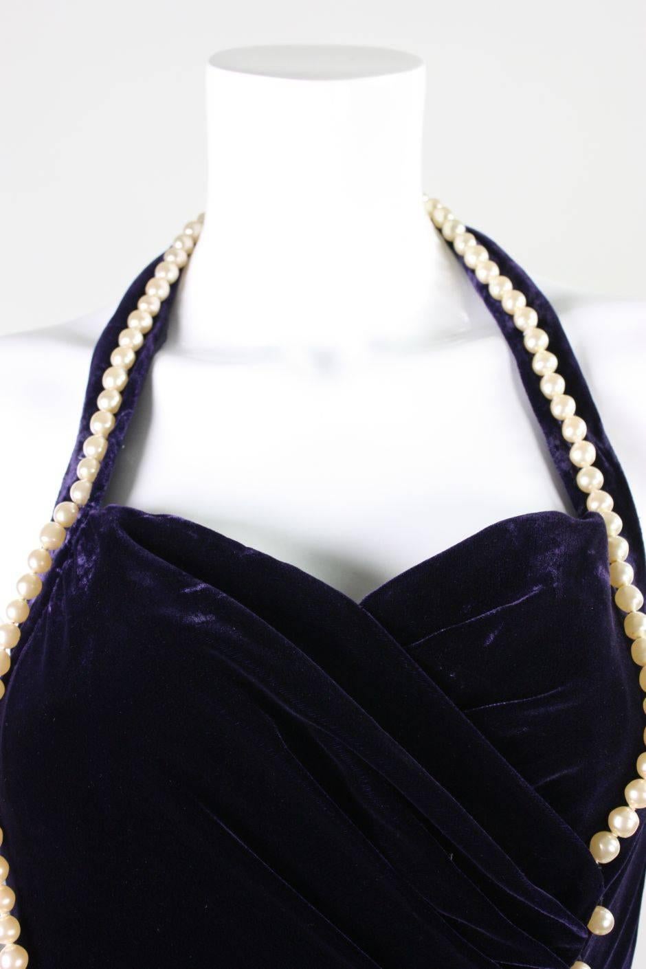 1990's Chanel Velvet Gown with Pearl Detailing For Sale 1