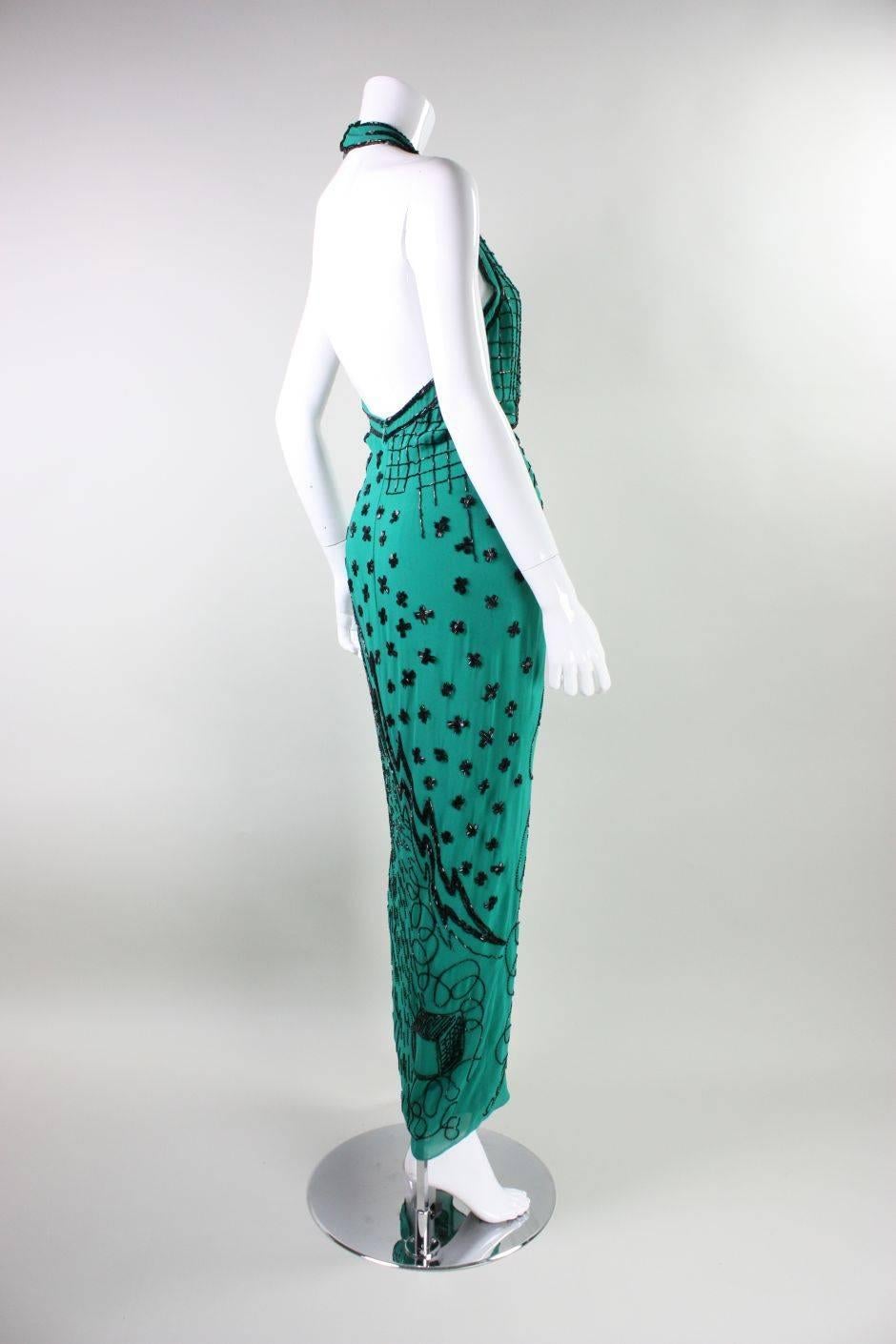 Women's 1990's Fabrice Emerald Green Beaded Halter Gown For Sale