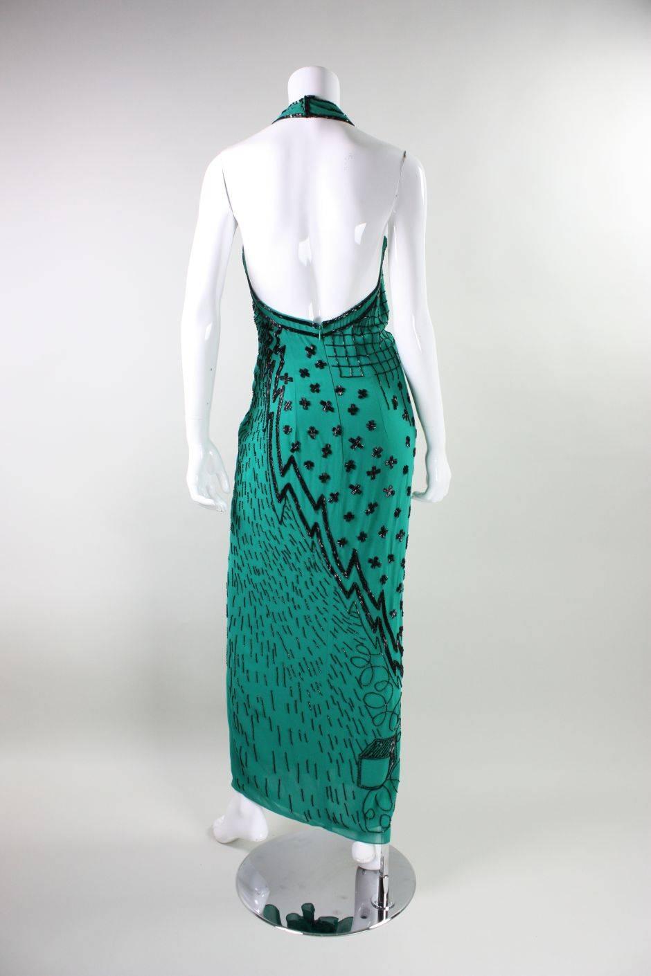 1990's Fabrice Emerald Green Beaded Halter Gown For Sale 1