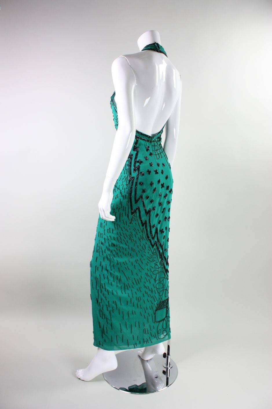 1990's Fabrice Emerald Green Beaded Halter Gown For Sale 2