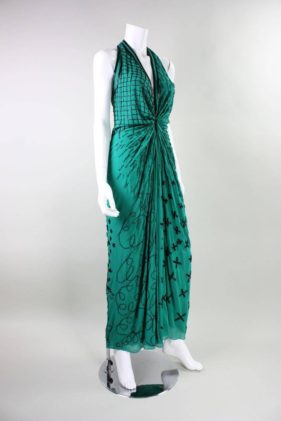 1990's Fabrice Emerald Green Beaded Halter Gown In Excellent Condition For Sale In Los Angeles, CA