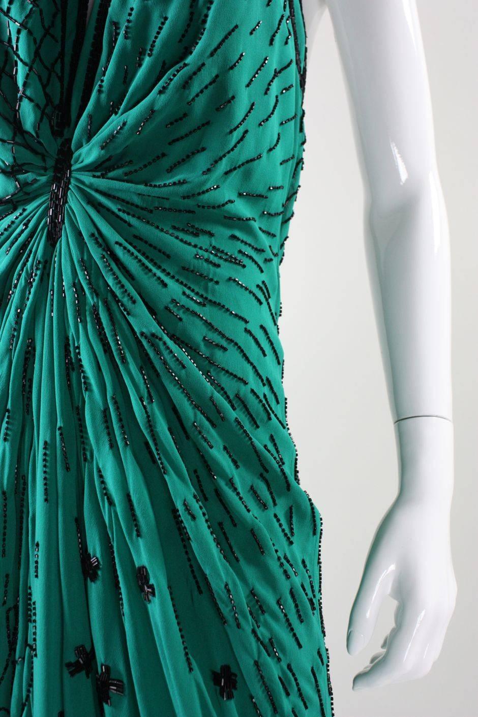 1990's Fabrice Emerald Green Beaded Halter Gown For Sale 4