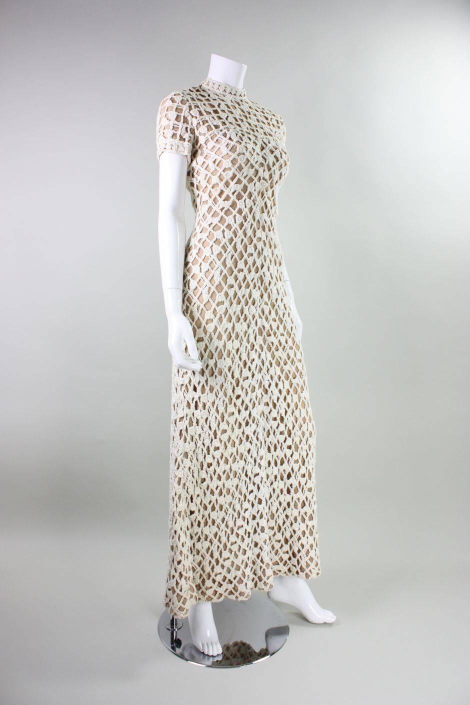 Gray 1970's Werle of Beverly Hills Crochet Maxi Dress with Shawl For Sale