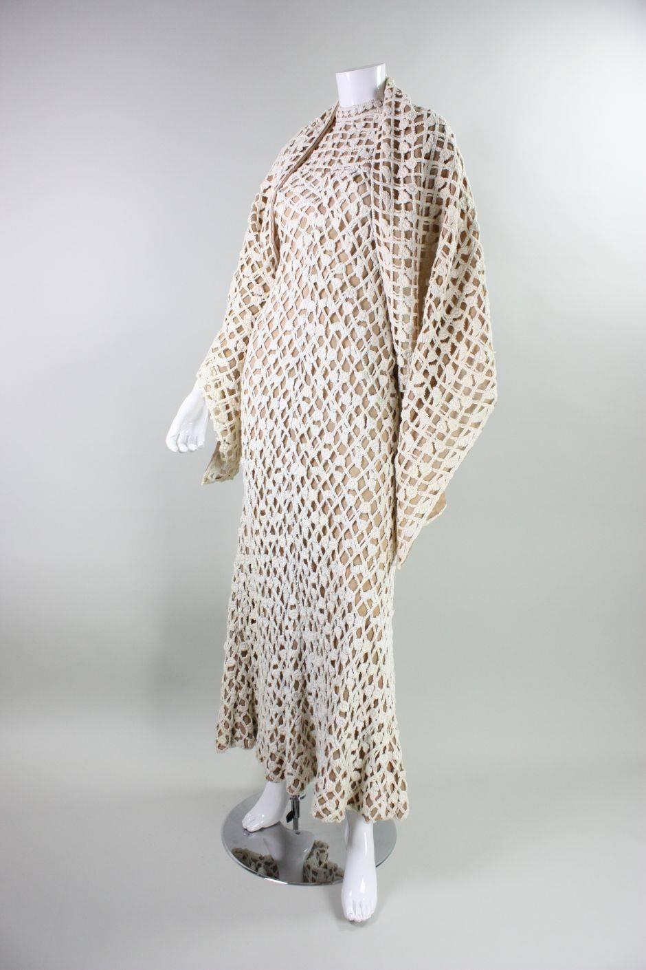 1970's Werle of Beverly Hills Crochet Maxi Dress with Shawl For Sale 1