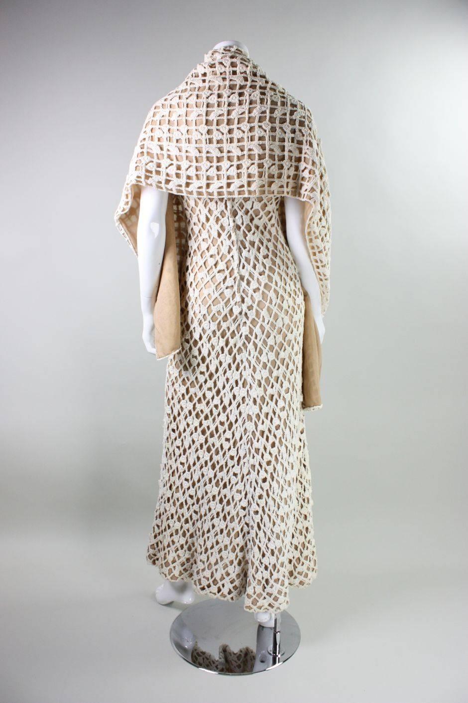 1970's Werle of Beverly Hills Crochet Maxi Dress with Shawl For Sale 3