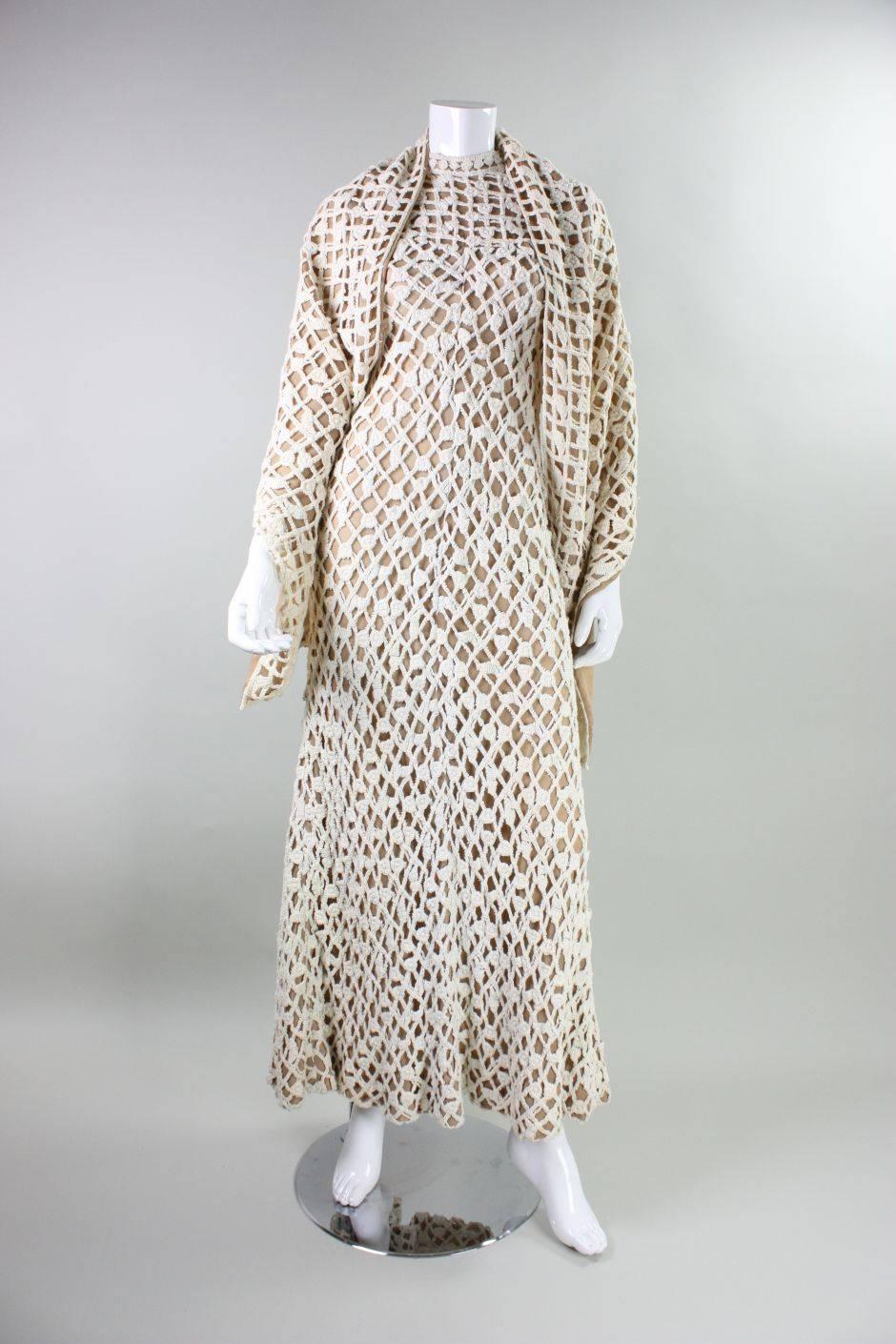1970's Werle of Beverly Hills Crochet Maxi Dress with Shawl For Sale 2