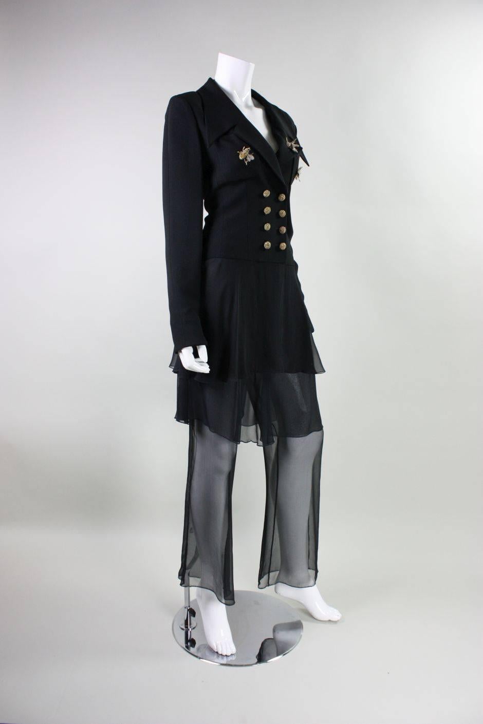 Black 1990's Karl Lagerfeld Chiffon Ensemble with Insect Embellishments For Sale