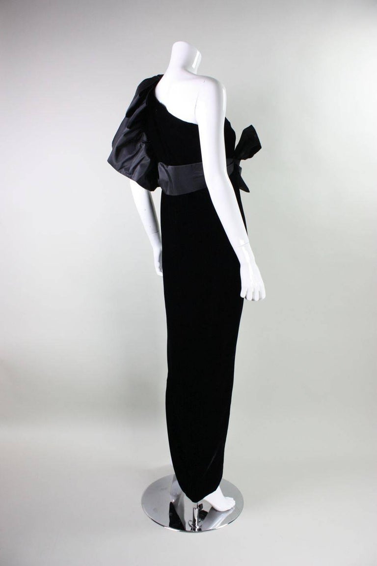 1980's Adolfo Asymmetrical Velvet Gown with Ruffled Shoulder In Good Condition For Sale In Los Angeles, CA