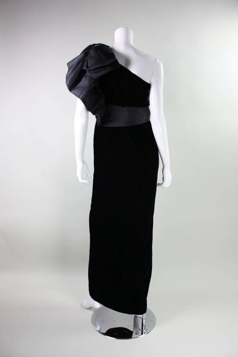 Women's 1980's Adolfo Asymmetrical Velvet Gown with Ruffled Shoulder For Sale