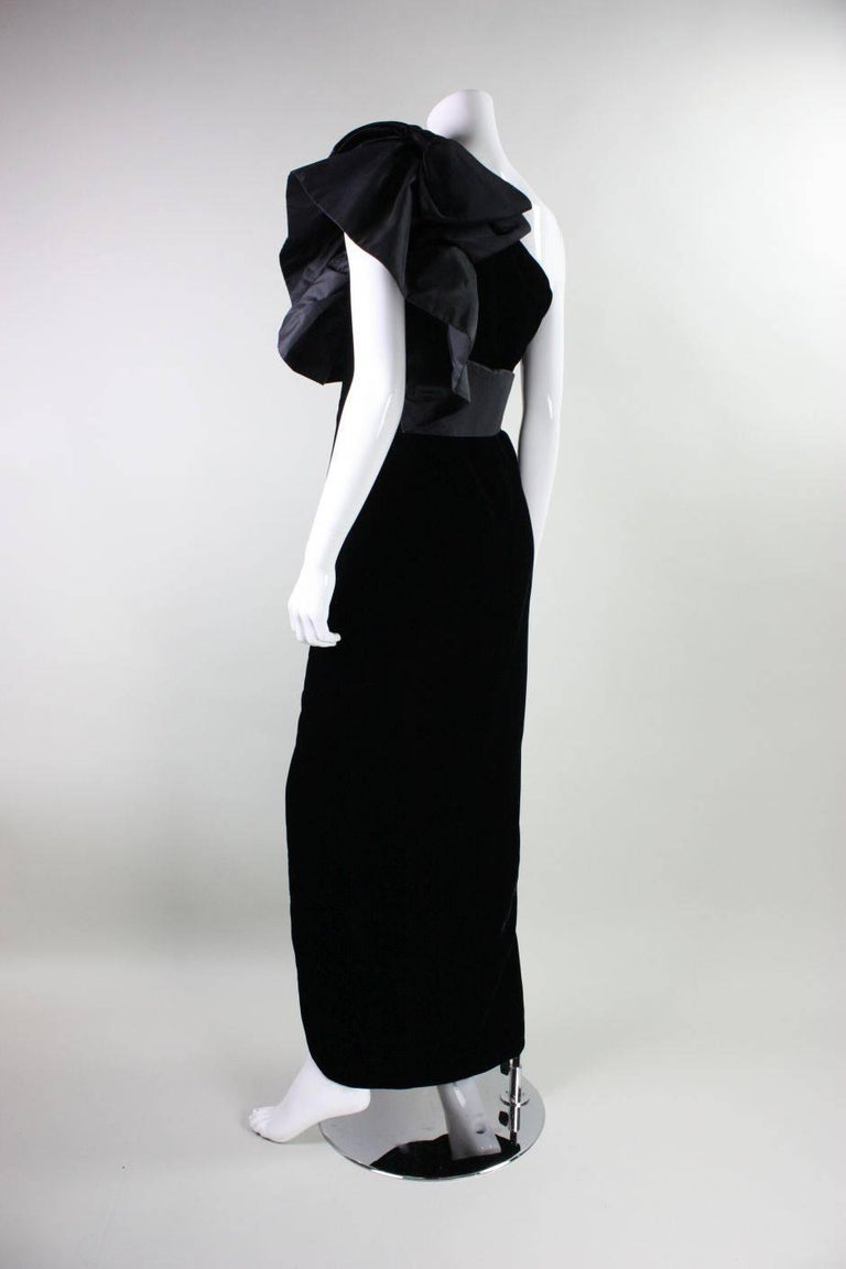 1980's Adolfo Asymmetrical Velvet Gown with Ruffled Shoulder For Sale 1